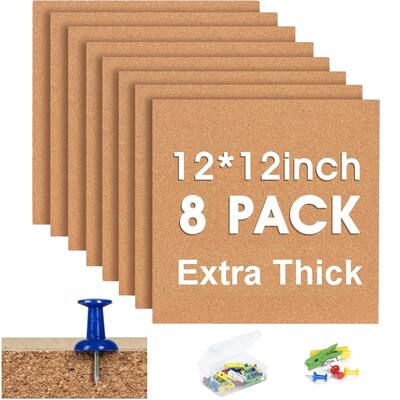 Square Cork Bulletin Board Tiles - 8Pack Extra Thick 12x12 Inches Cork Board Tiles for Wall for Home Office Decor