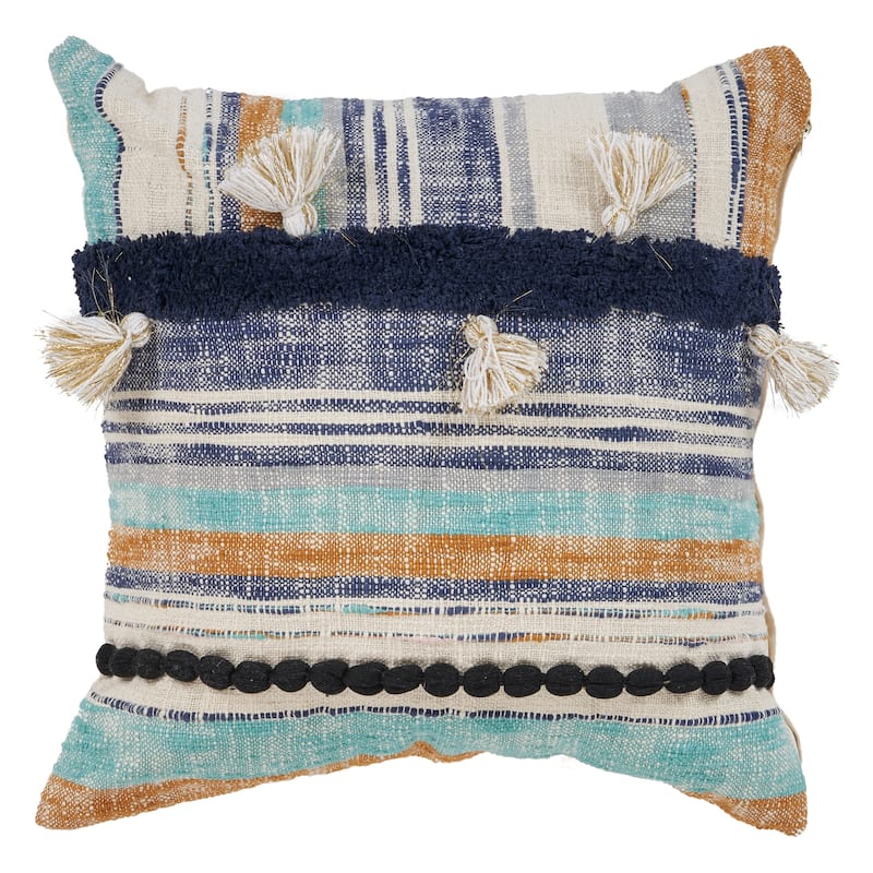 Handmade Striped Square Throw Pillow Cover with Tassels - 18" - Blue and Cream
