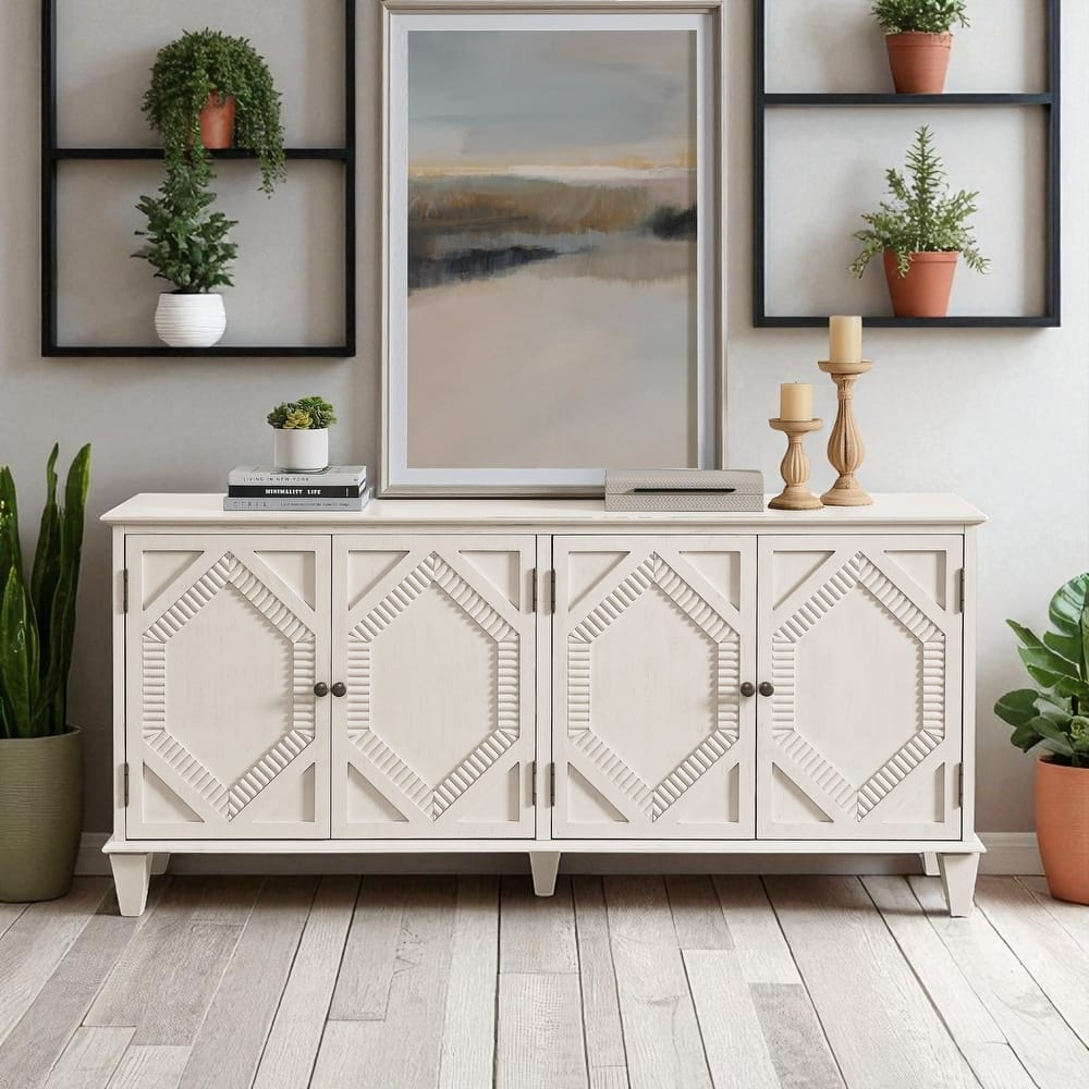 65.55" Mid-Century Modern Sideboard Buffet Cabinet with Adjustable Storage Shelf and Geometric Accent Doors for Kitchen