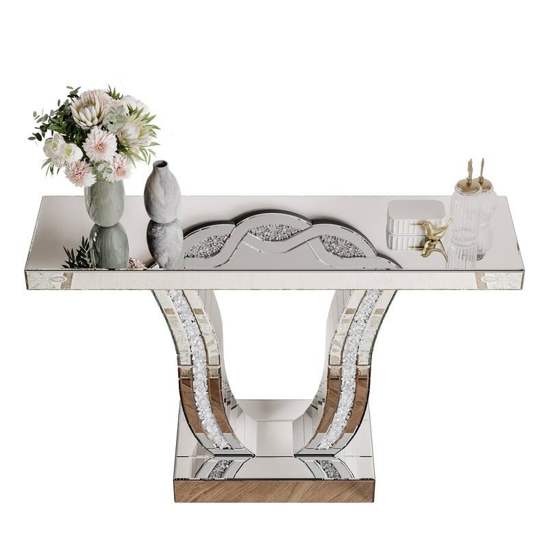 Mirrored 43" Silver Console Table, Entryway Sofa Table With Curved Legs