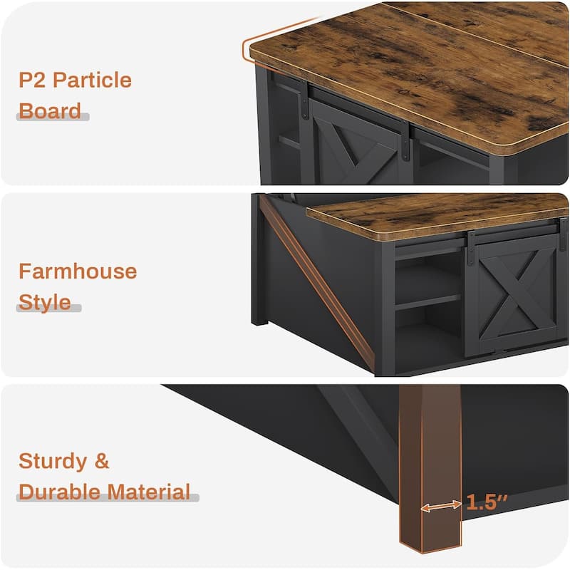 Coffee Table Lift Top Square Center Table Barn Door Adjustable Shelves