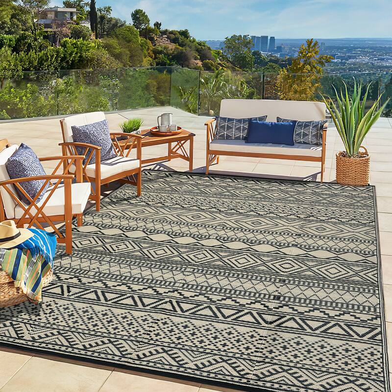 Outdoor Rug Waterproof Patio Rug Mat Geometric Rug Plastic Straw Outside Rug for RV Camping Picnic Reversible Rug - 9'x18' - Black Coffee