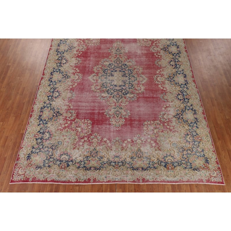 Distressed Pink Kerman Persian Antique Area Rug Handmade Wool Carpet - 9'9" x 13'3"