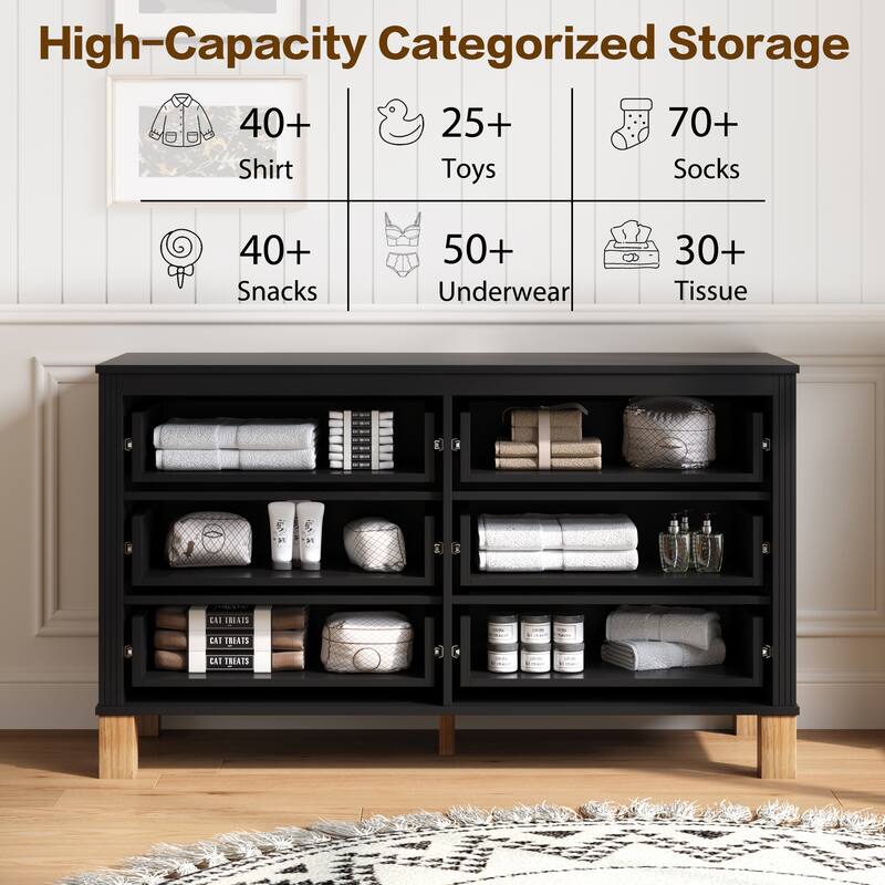 Roomfitters 6-Drawer Double Dresser, Modern Bedroom Storage Cabinet with Solid Wood Legs & Metal Handles