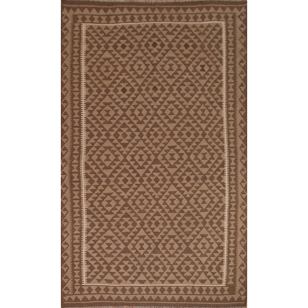 Geometric Kilim Brown Area Rug Flat-weave Wool Carpet - 6'6" x 10'0"