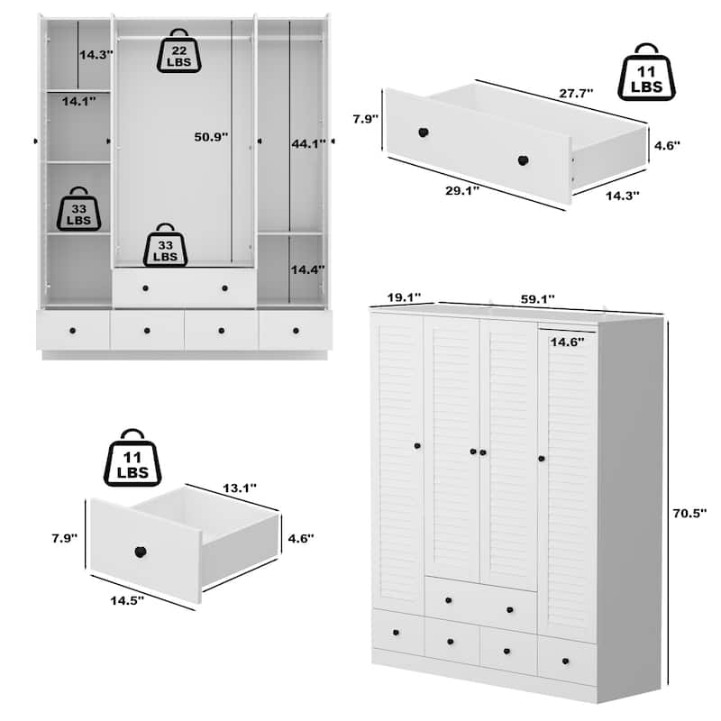 Wardrobe Armoire Closet 59"W Large Freestanding Wardrobe Cabinet White
