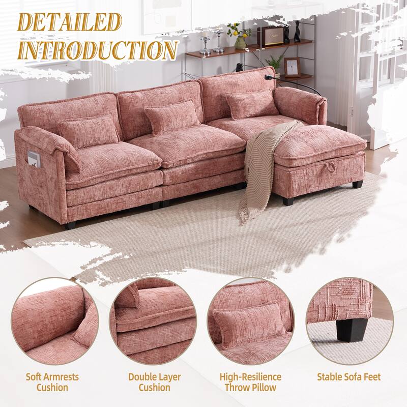 Modern Chenille Chaise Couch L-shaped Sectional Sofa with Storage Ottoman, Phone Holder, USB/Type-C Ports and Side Pockets