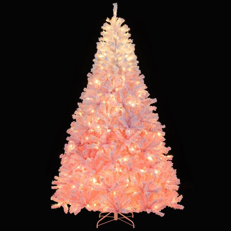 Gymax Artificial Christmas Tree Hinged Snow Flocked Xmas Tree w/ - Pink, White