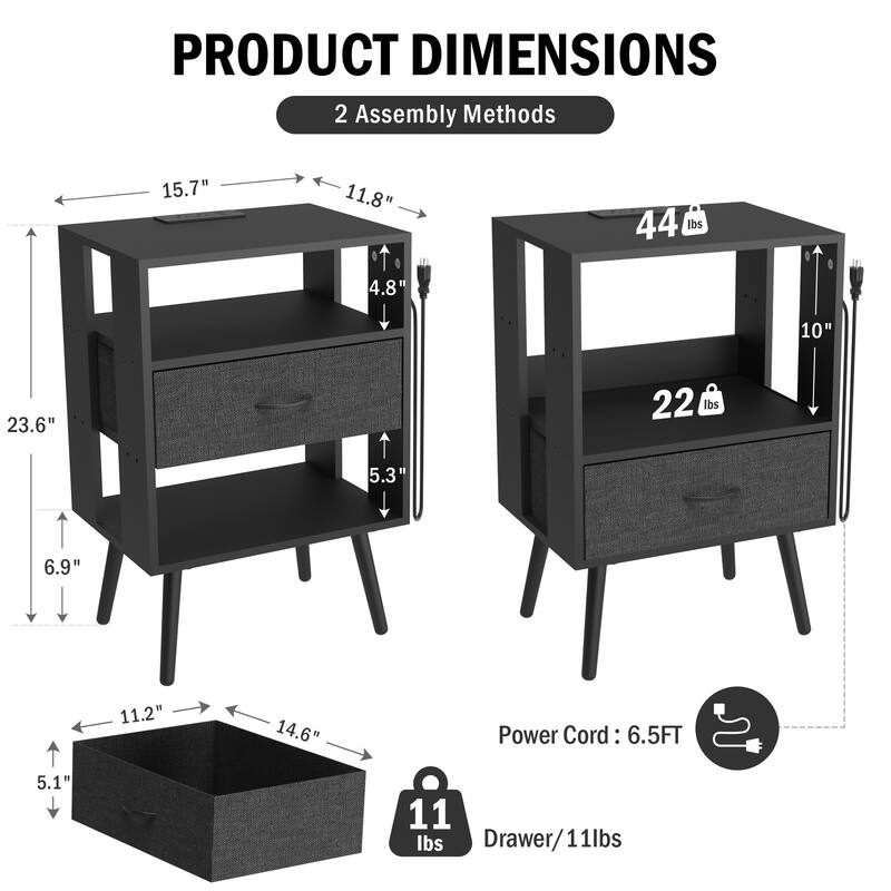 Modern 2-Piece Nightstand with Charging Station and LED Light