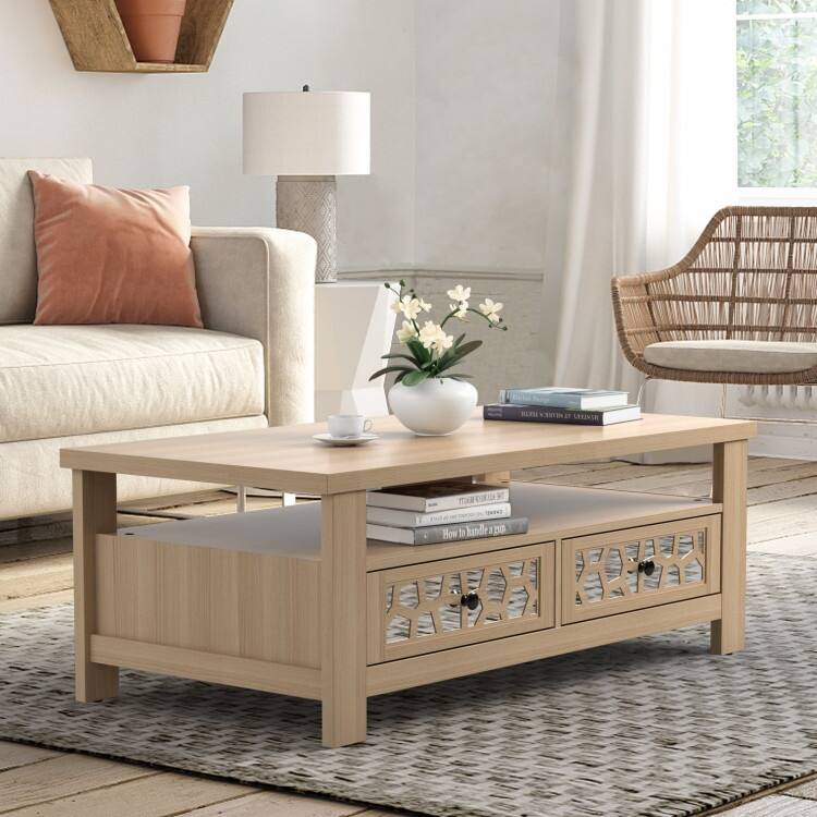 3-tier Coffee Table with 2 Drawers and 5 Support Legs - 46" x 23.5" x 17"