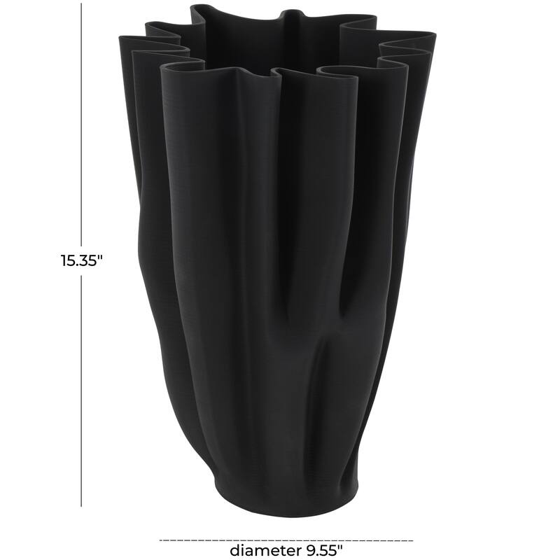 Ceramic Abstract Dimensional Ribbed Tulip Decorative Vase with Angular Rim - Black - Roche River Decor