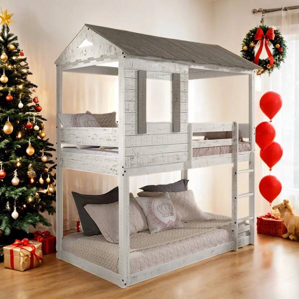 slide 2 of 5, Wooden Twin Over Twin Bunk Bed with Built-in Ladder,House-Shaped Design