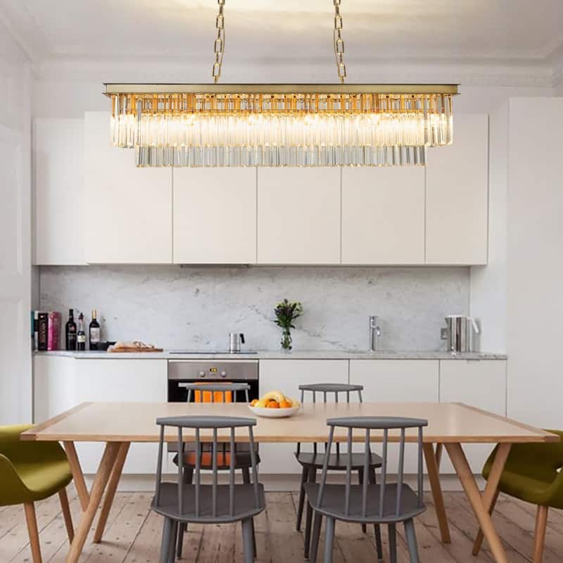 Gold Rectangle Crystal Chandelier, Luxury Pendant Light for Dining Room, Bulbs Included