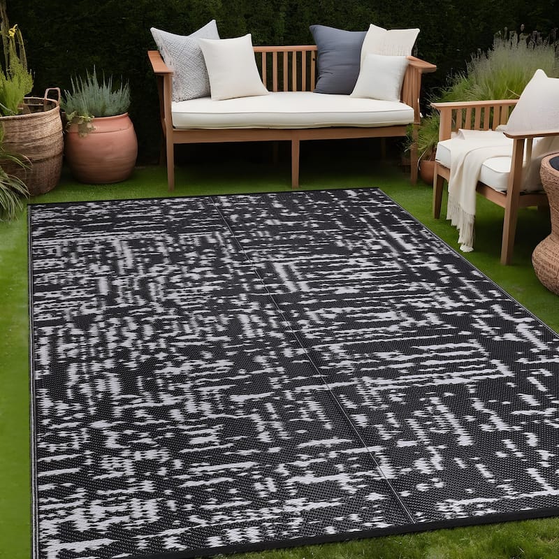 Beverly Rug Reversible Mats Plastic Outdoor Rug for Camping, Patio, Backyard, RV, Picnic, Deck - 4 x 6 - Ohio-Black
