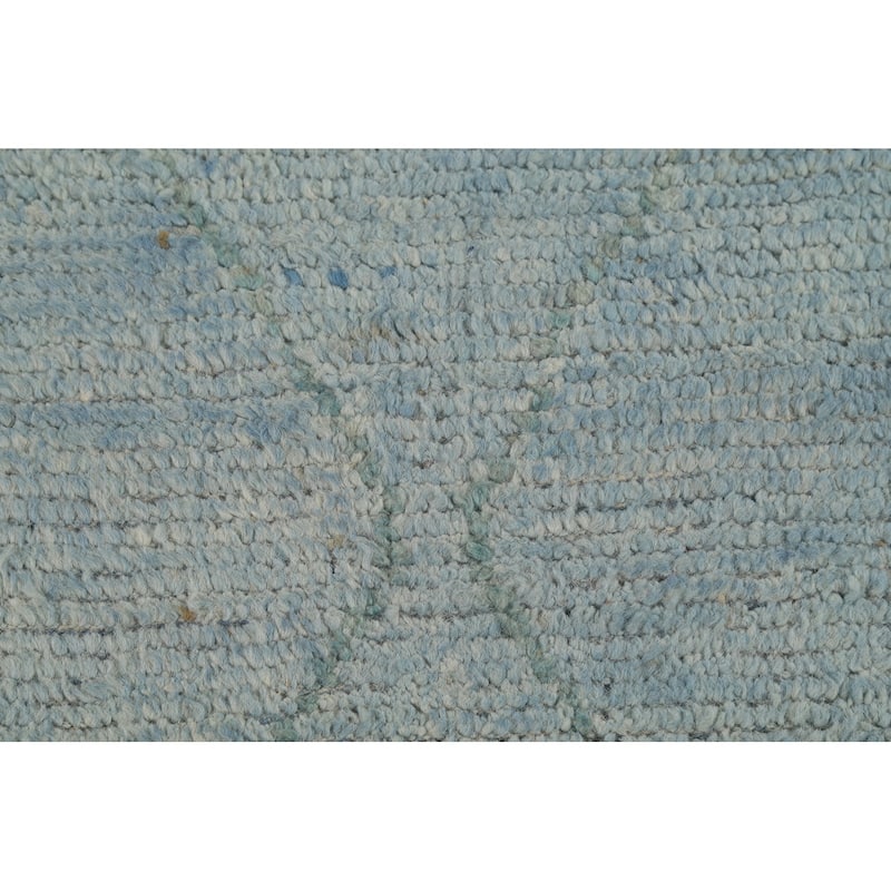 Light Blue Striped Moroccan Modern Runner Rug Hand-Knotted Wool Carpet - 3'0"x 15'8"
