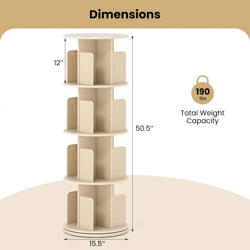 Narrow 4-Tier Rotating Storage Bookshelf with Swivel Display and Dividers for Home and Office - 15.5" x 15.5" x 50.5"