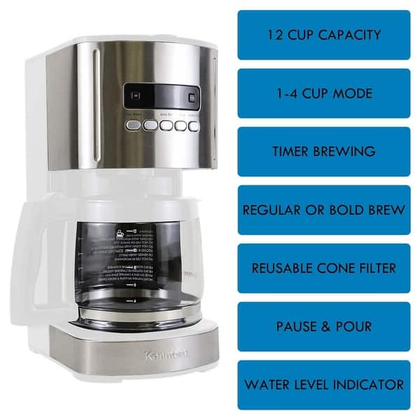 Kenmore Programmable 12-Cup Coffee Maker, White and Stainless Steel