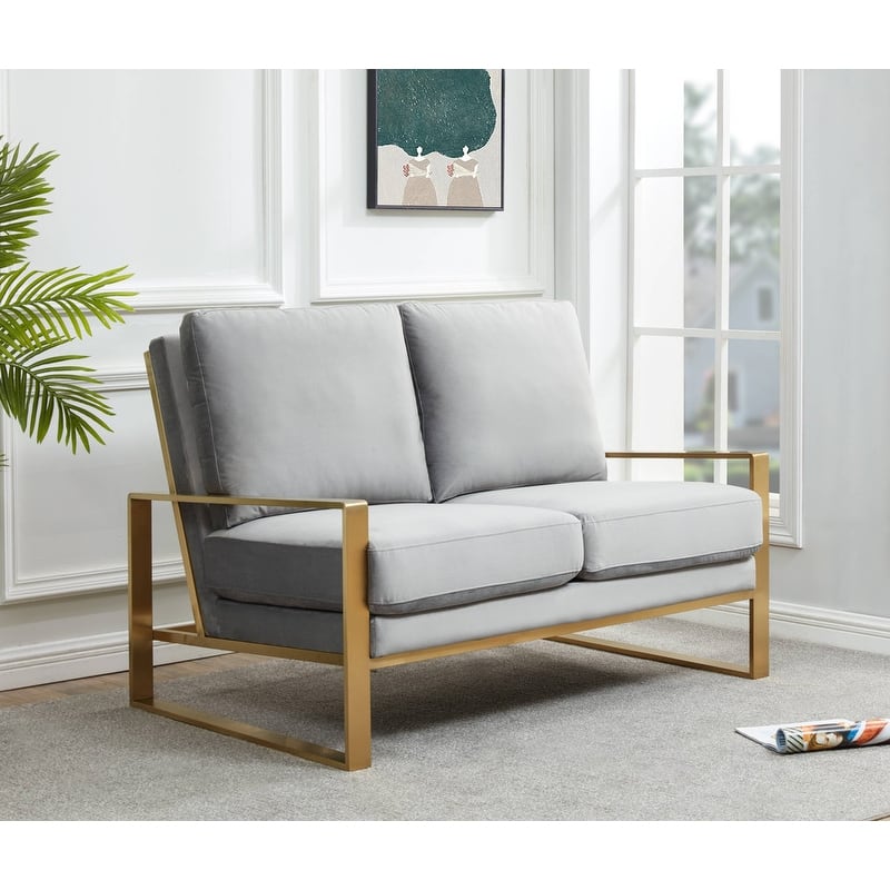 Jefferson Modern Two-Seater Velvet Loveseat with Brushed Gold Stainless Steel Base, Removable Cushions for Living Room or Lounge