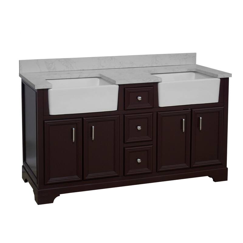 KitchenBathCollection Zelda 60" Double Farmhouse Bathroom Vanity with Engineered Carrara Top - Chocolate