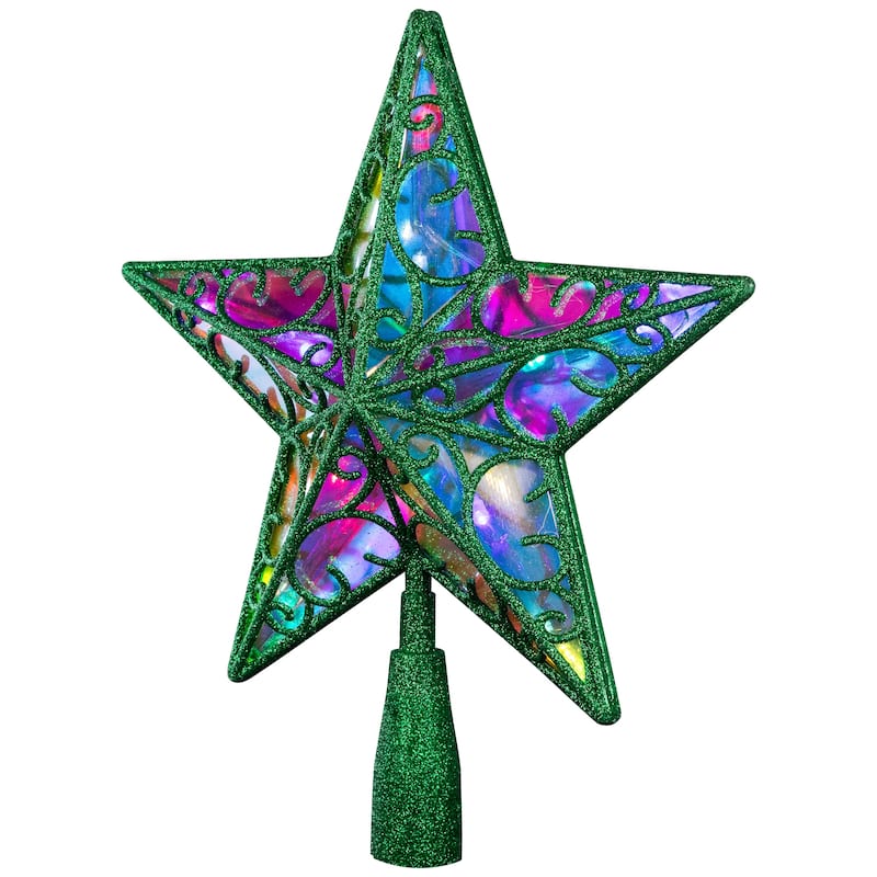 LED Lighted Glittered Star Christmas Tree Topper - 11" - Green - Multicolor Lights