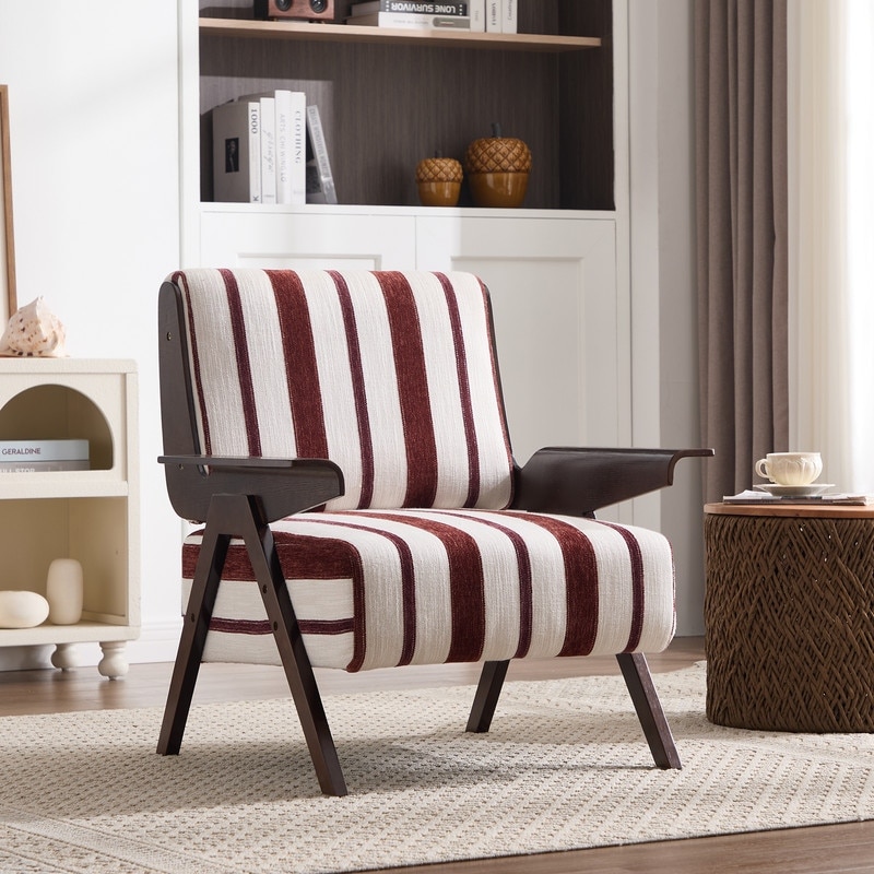 Striped Modern Armchair with Wide Armrests, Solid Wood Legs, for Living Room(One Pack)