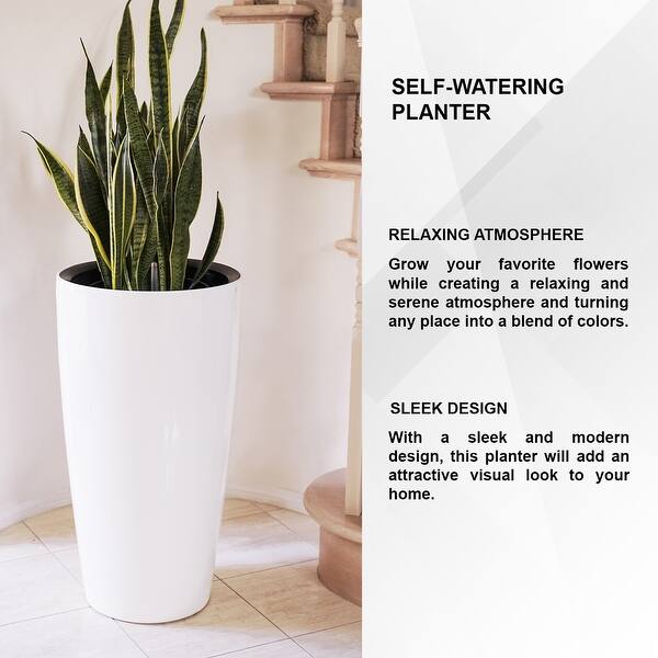 XBrand 29.5" H Plastic Self Watering Indoor Outdoor Tall Round Planter Pot, Decorative Gardening Pot, Home Dcor Accent - Black