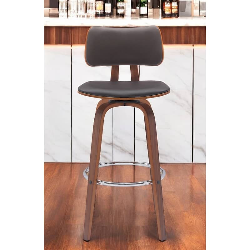 30" Brown And Wood Brown Faux Leather Swivel Low Back Bar Height Bar Chair - Brown