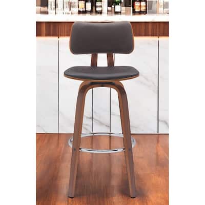 30" Brown And Wood Brown Faux Leather Swivel Low Back Bar Height Bar Chair