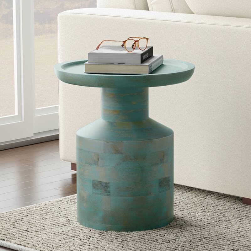 WYNDENHALL Norbury 16 inch Wide Solid Mango Boho Accent Table & Assembled - Teal Wash