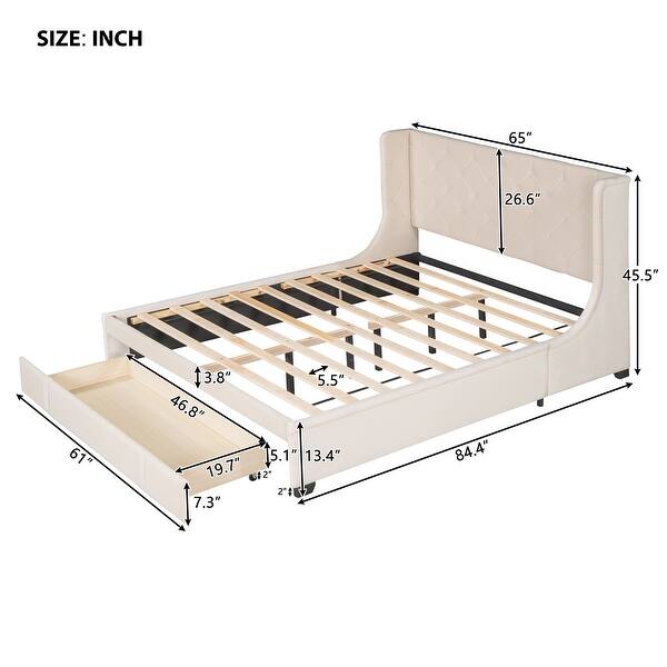 Queen Upholstered Platform Bed with Wingback Headboard and Large Storage Drawer