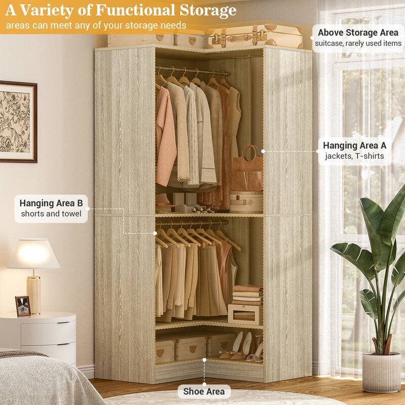 Qvella 31.5'' W Corner Closet System with Hanging Rods and Shelves,Corner Wardrobe Closet Organizer for Walk-in/Reach-in Closet