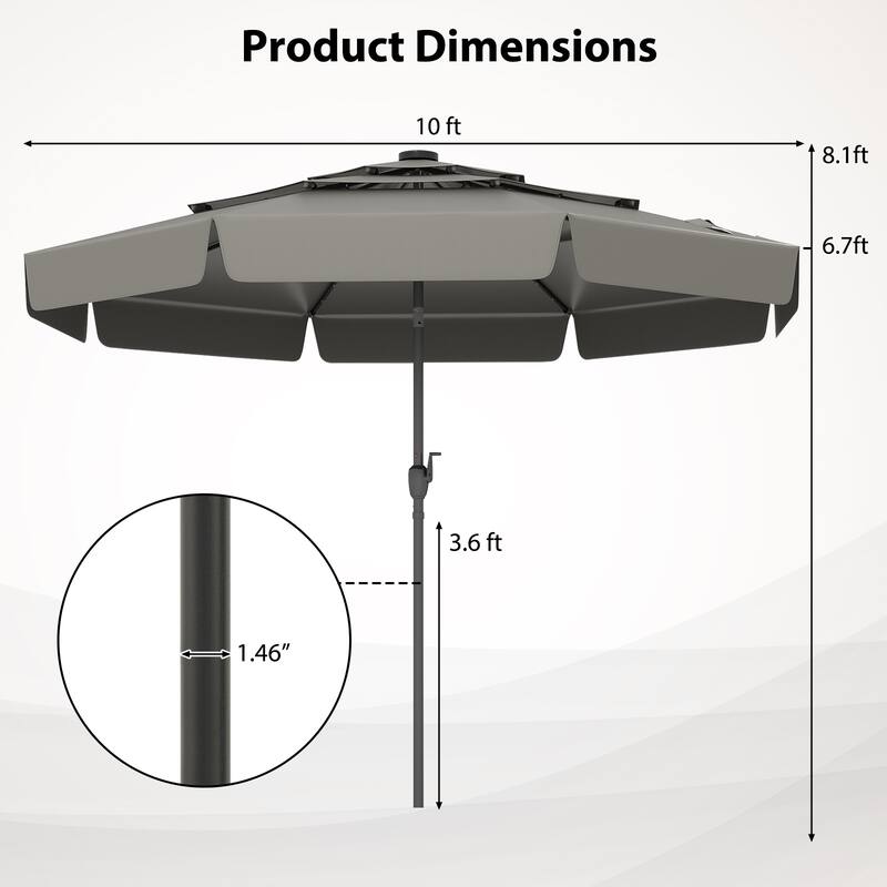 10FT Polyester Patio Umbrella with Solar Lights and Tilt Crank 3-Tier Vented Shade for Backyard