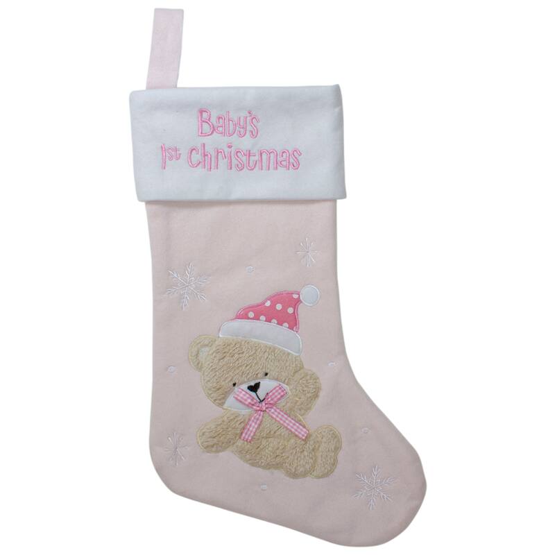 19" Pink White Baby's Christmas Embroidered Bear Christmas Stocking