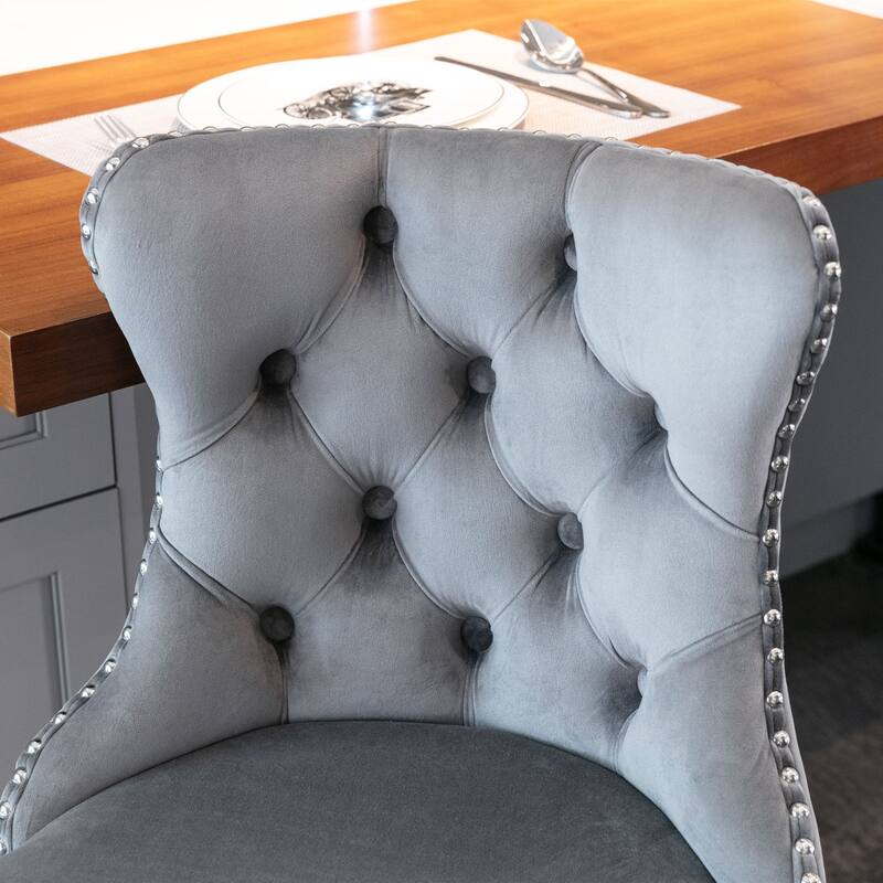 Bar Stool Set of 2, Gray Velvet Swivel Barstool Tufting Upholstered Counter Height Bar Stool Height Adjustable Armless Bar Chair