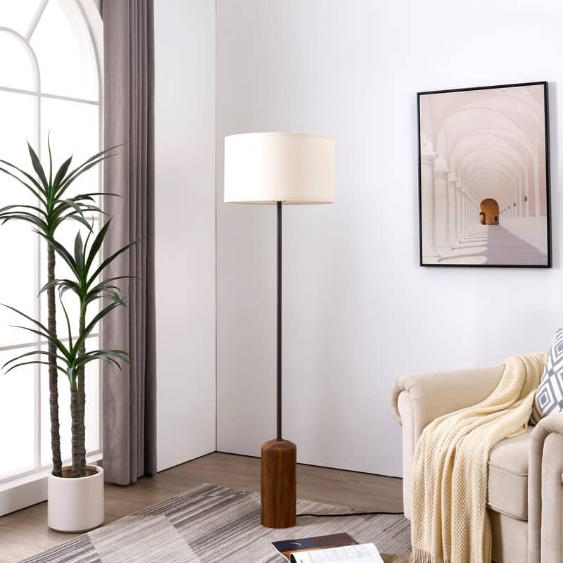 Brightech Oren LED Walnut Brown Wood Midcentury Super Bright Floor Lamp with Cream Cotton Drum Shade