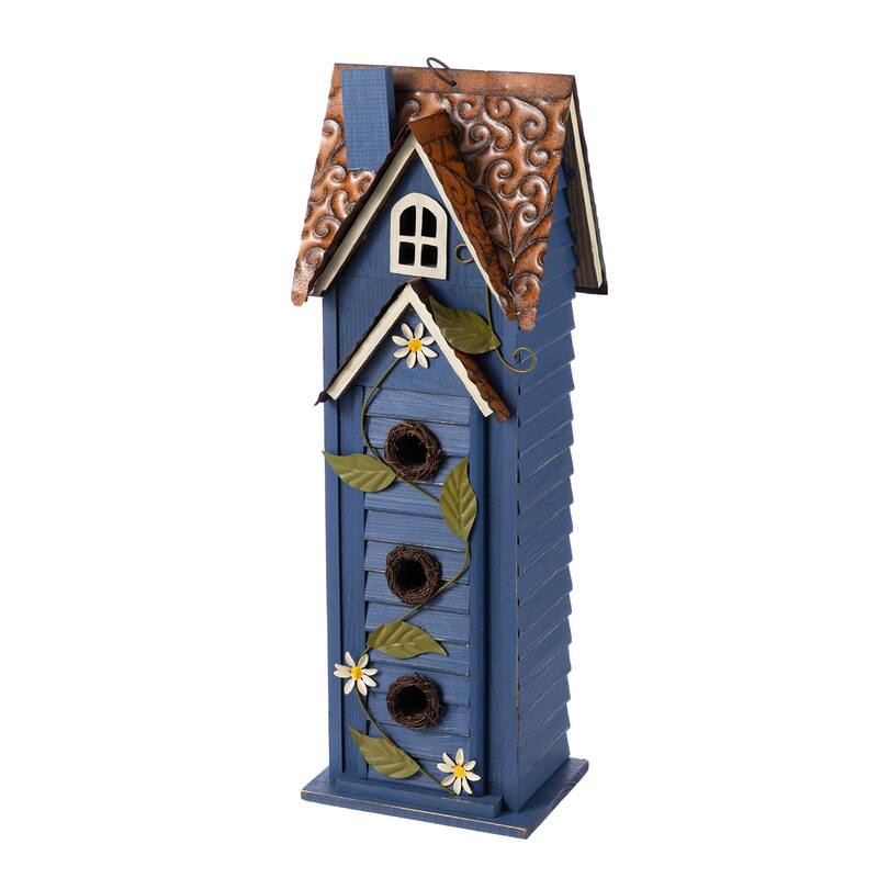 Glitzhome 24.25"H Oversized Washed Blue or White 3-Tiered Solid Wood Villa Decorative Outdoor Garden Birdhouse
