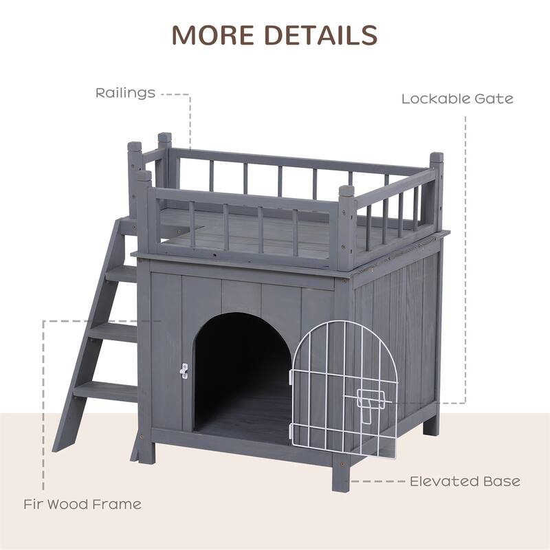 2-Level Wooden Cat House Outdoor With Lockable Wire Door - 28.75" L x 20.5" W x 25.75" H
