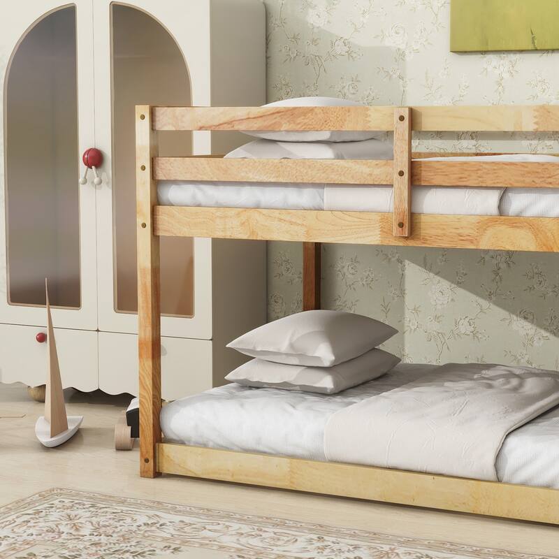 Wooden Twin over Twin Floor Bunk Bed with Ladder ,Upper and Bottom Bed Platforms