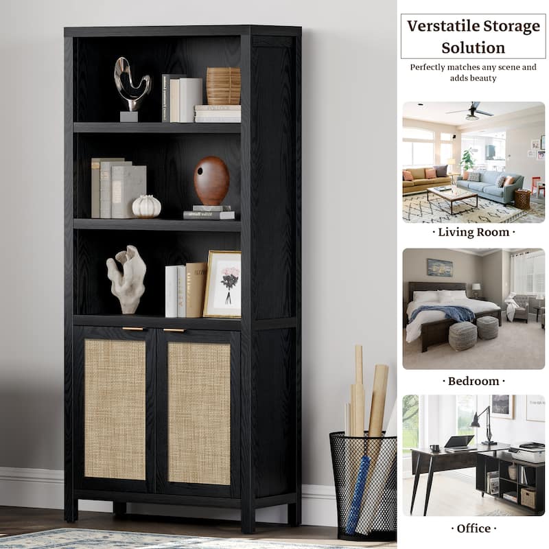 SICOTAS 5 Tier Adjustable Bookcase with Rattan Storage Cabinet