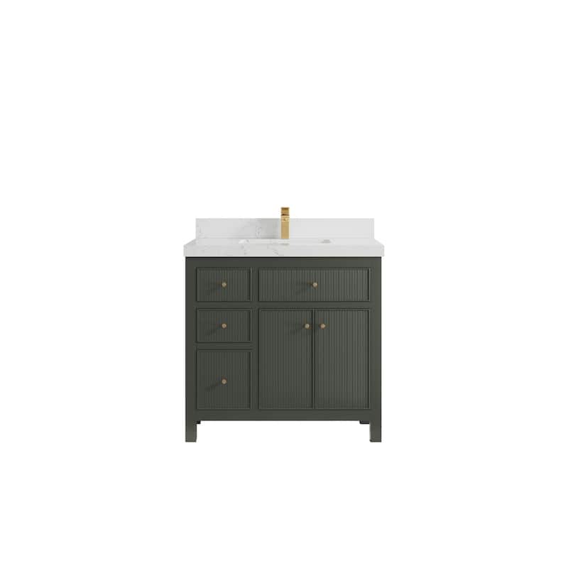 Willow Collections 36 in W x 22 in D Sonoma Center Sink Free Standing Reeded Bathroom Vanity with Countertop - 2" Empira White - Pewter Green