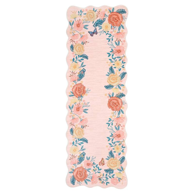 Area Rugs for Living Room Bedroom Washable Modern Floral Rug Scalloped Non-Slip Low Pile Carpet