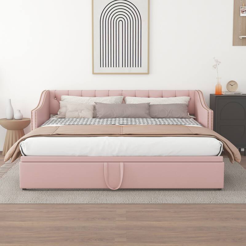 Upholstered Sofa Bed with Pop-Up Bed Frame - Pink