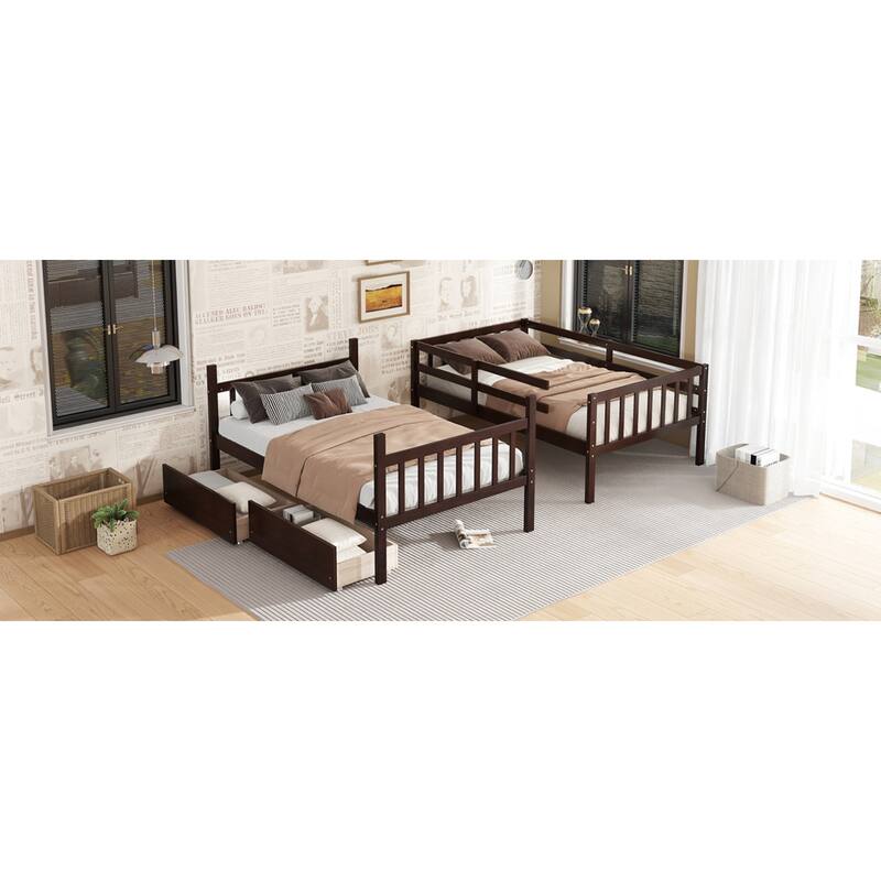 Roomfitters Twin Over Twin Rubber Wood Bunk Bed with Underbed Storage, Convertible to 2 Twin Beds, Ladder & Guardrails