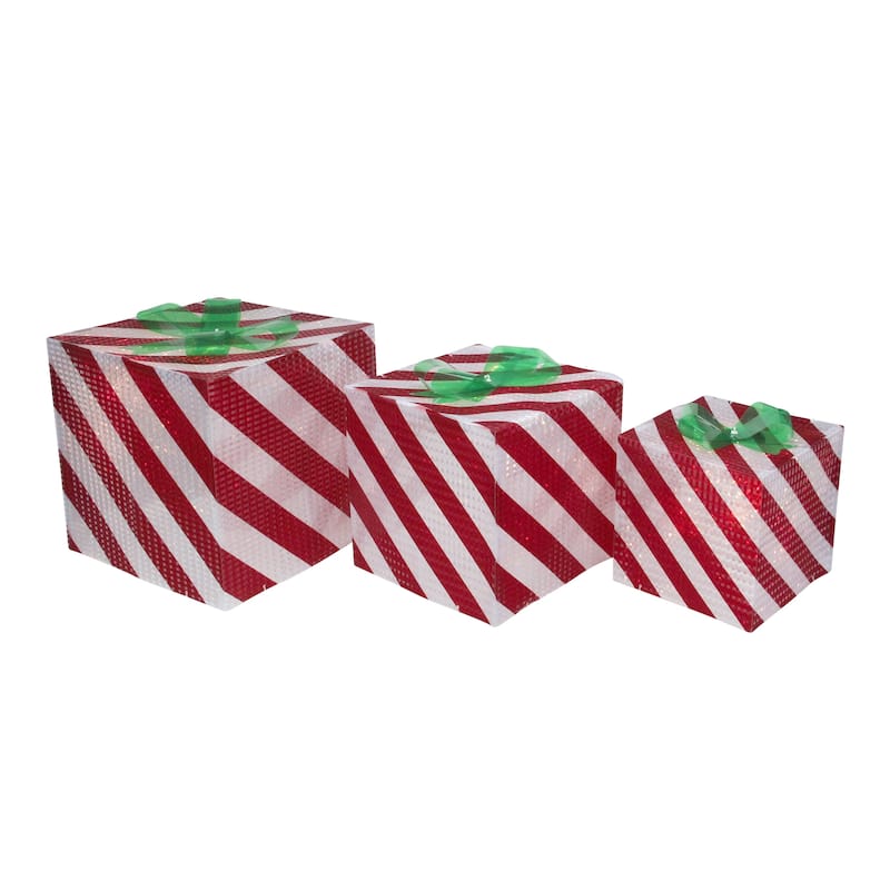 Lighted Candy Cane Striped Gift Box Outdoor Christmas Decoration - 12" - Red and White - Set of 3