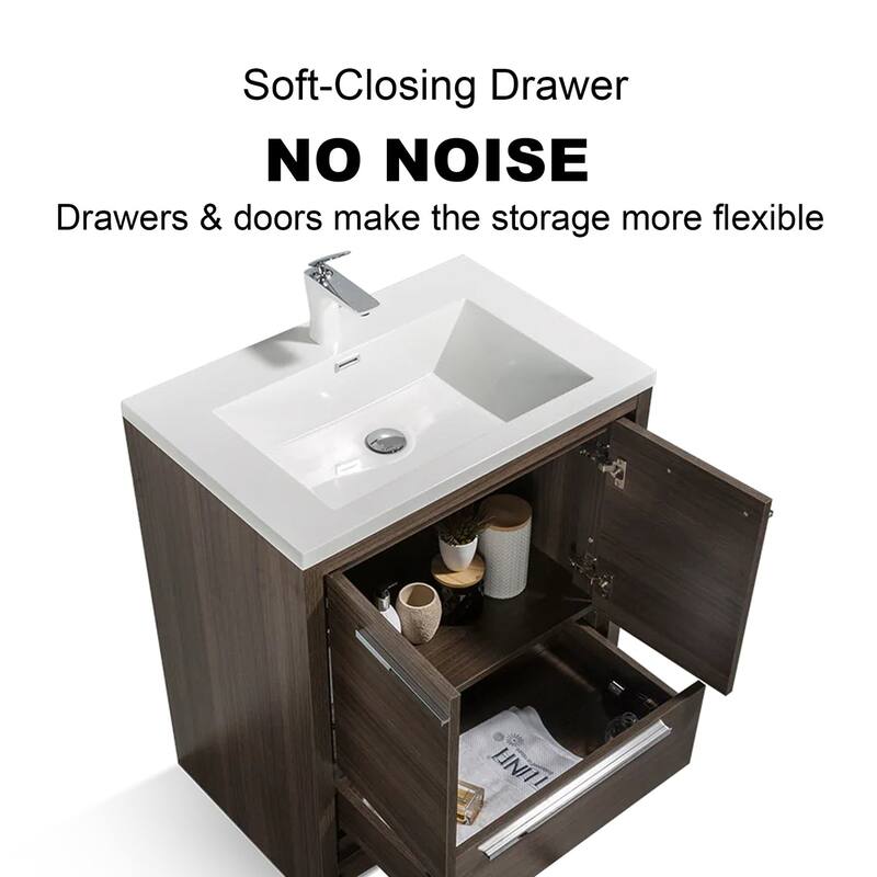 Freestanding Bathroom Vanity Set in Grey Oak with Integrated Solid Surface Sink