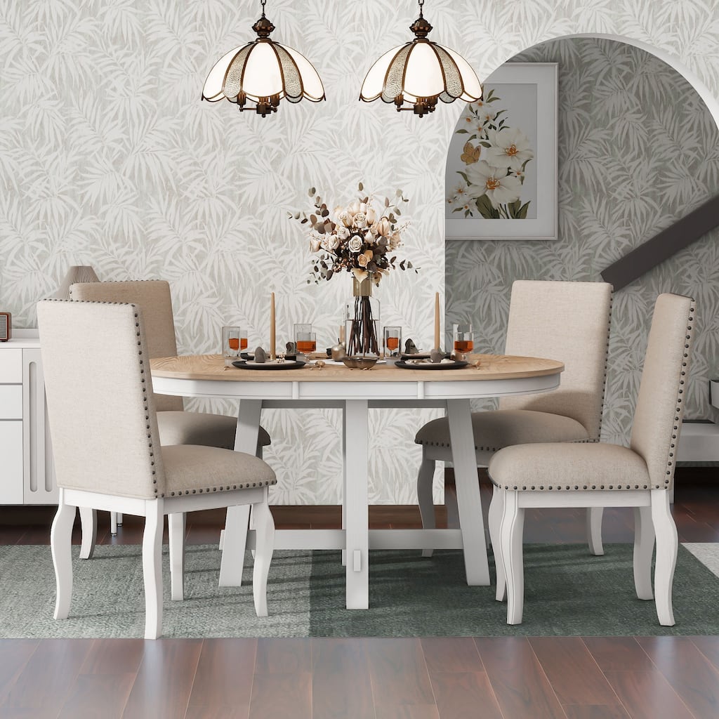 5-Piece Kitchen Dining Table Set, Wood Round Extendable Dining Table with Removable Leaf, 4 Upholstered Dining Chairs