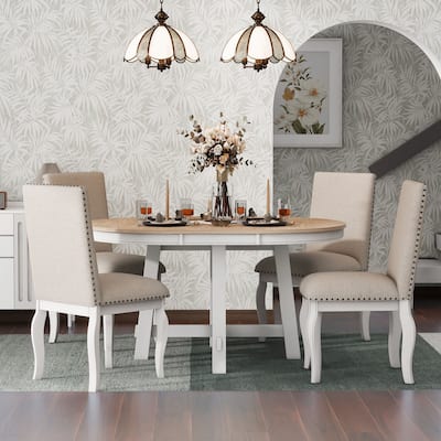 Modern 5-Piece Wooden Dining Table Set with Extendable Round Table & 4 Chairs