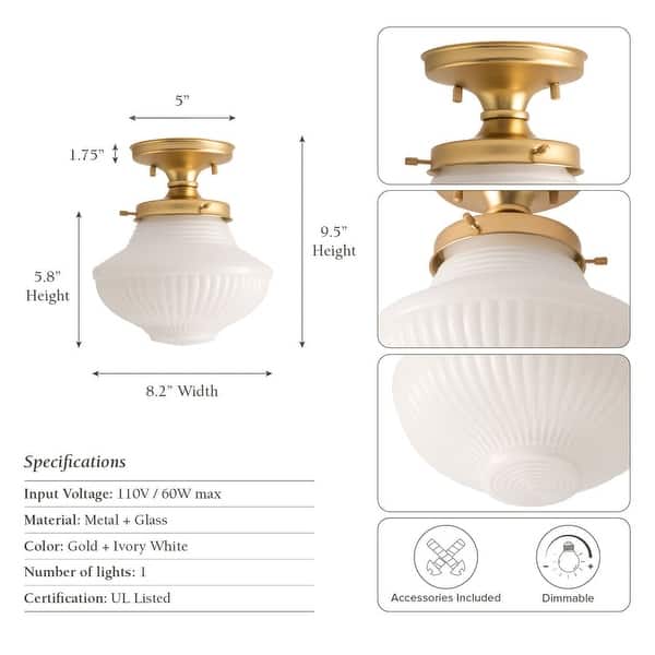 Modern Semi-Flush Mount - Metal, Glass Gold, Ivory White 1-Light Ceiling Light for Kitchen or Hallway in Modern, Farmhouse Style