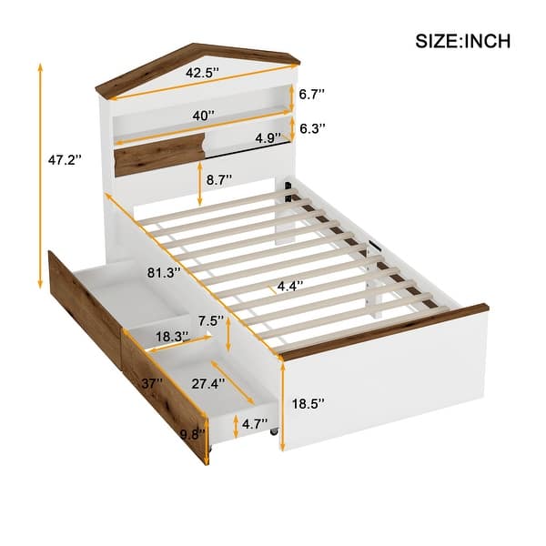 dimension image slide 1 of 2, Twin Size House-Shaped Wooden Bed with Storage Shelf on the Headboard, Built-in Two Storage Drawers, Brown