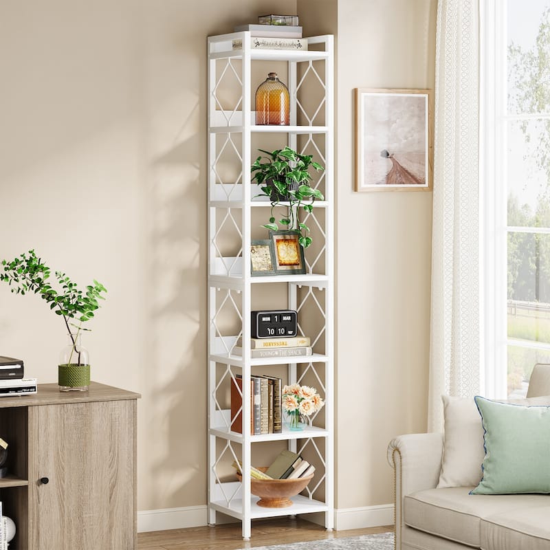 78.7" White Bookshelf, 7 Tier Tall Skinny Bookcase Freestanding Narrow Display Shelves